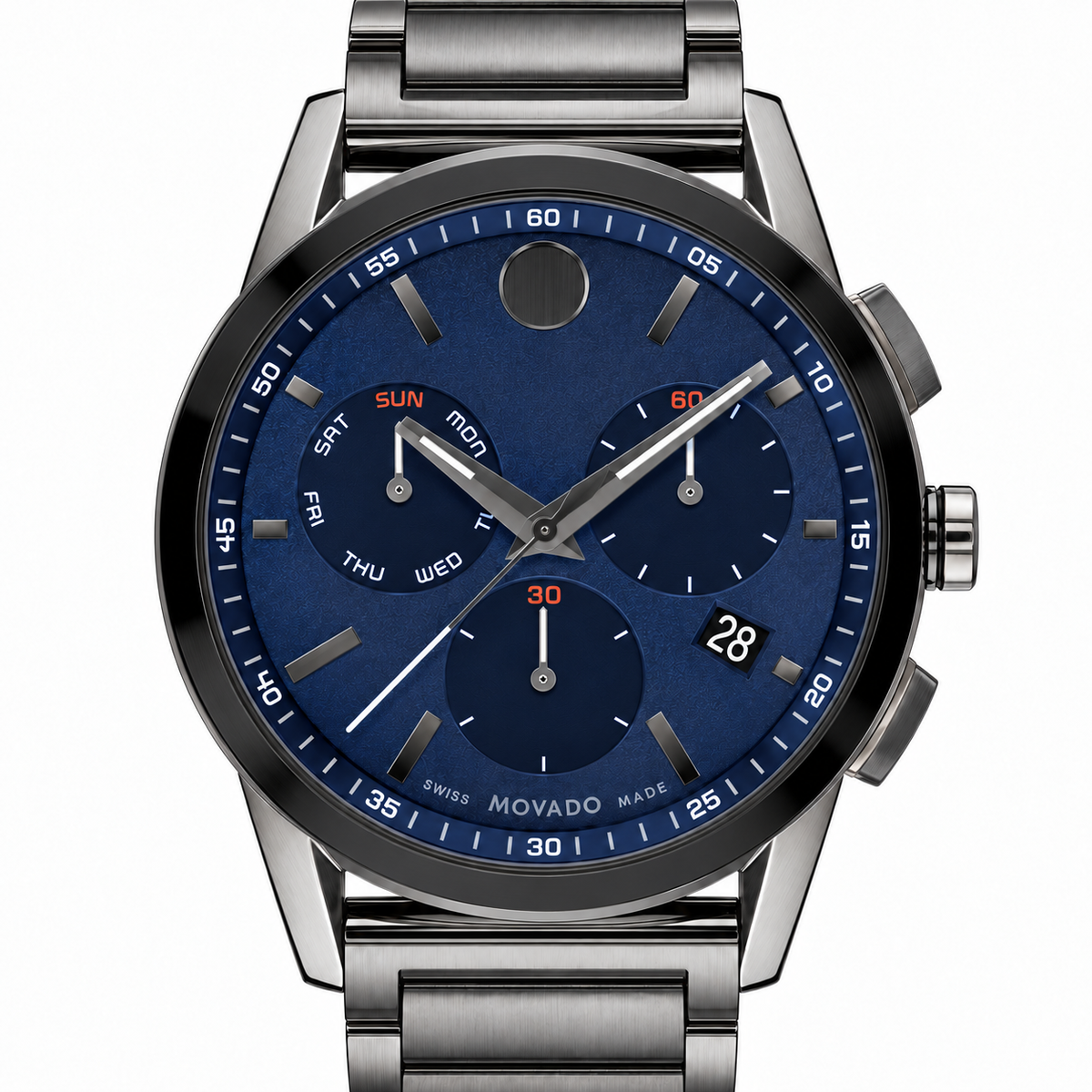 Movado Museum Sport Chronograph 43mm Blue Dial Men's Watch 0607624 — dial detail