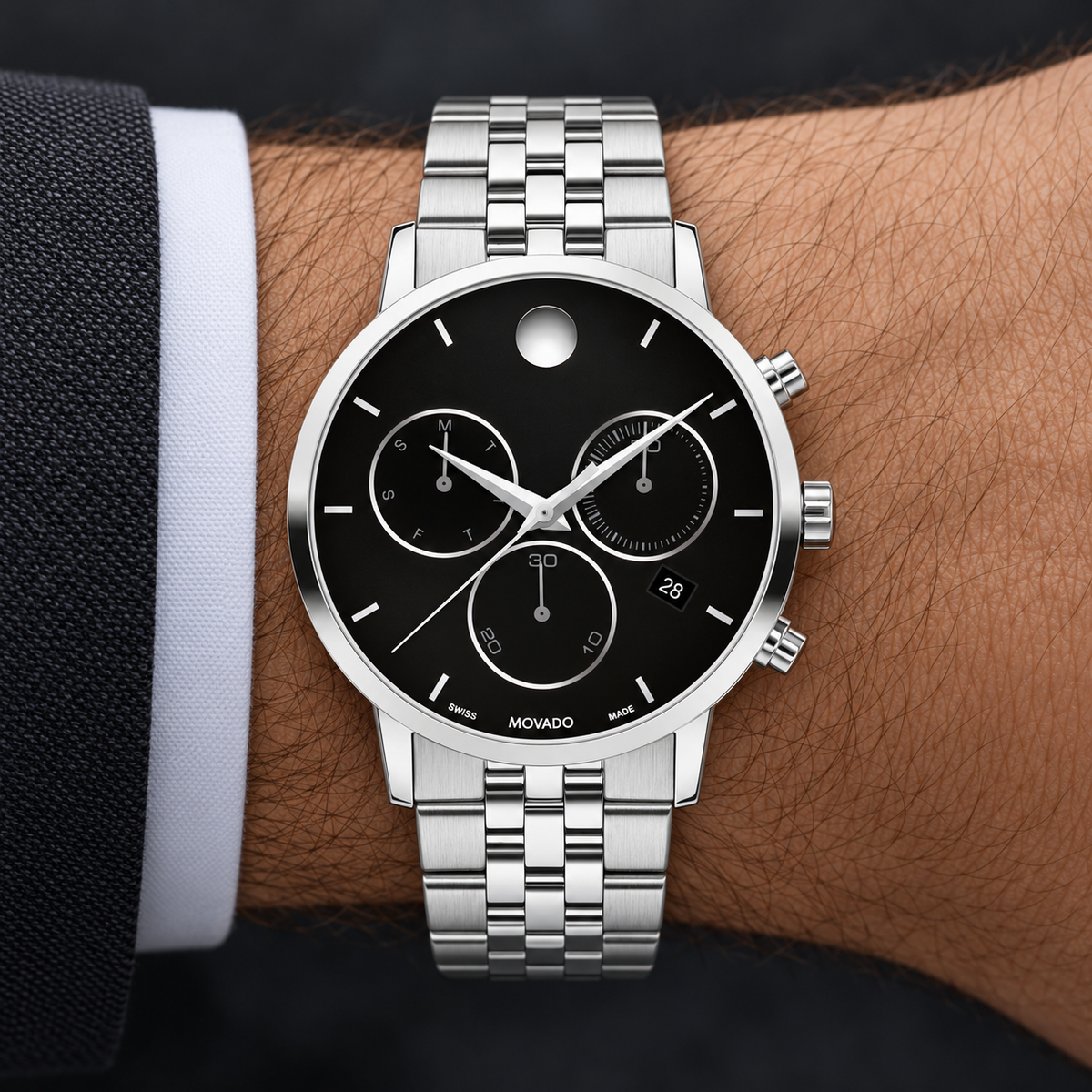 Movado Museum Classic Chronograph 42mm Black Dial Men's Watch 0607776 — wrist