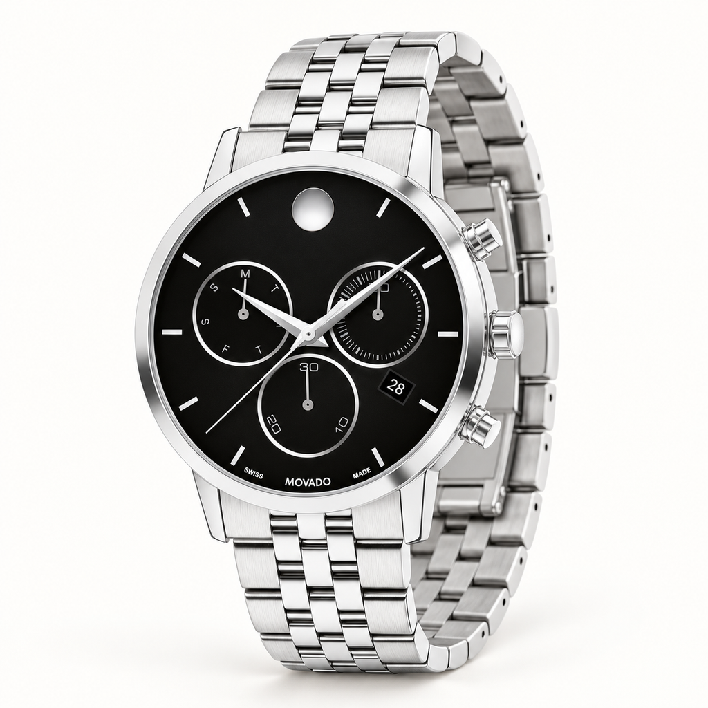 Movado Museum Classic Chronograph 42mm Black Dial Men's Watch 0607776 — three quarter