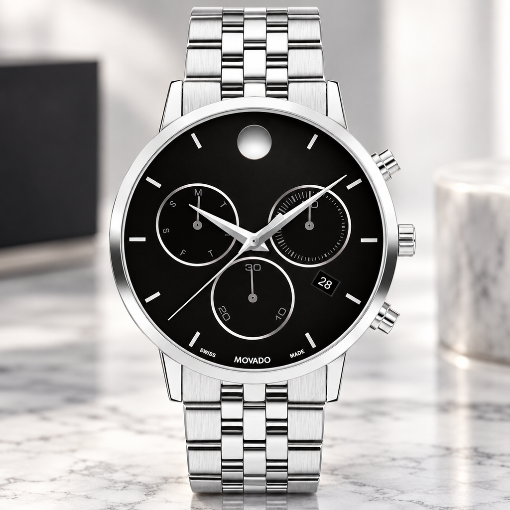 Movado Museum Classic Chronograph 42mm Black Dial Men's Watch 0607776 — dial detail