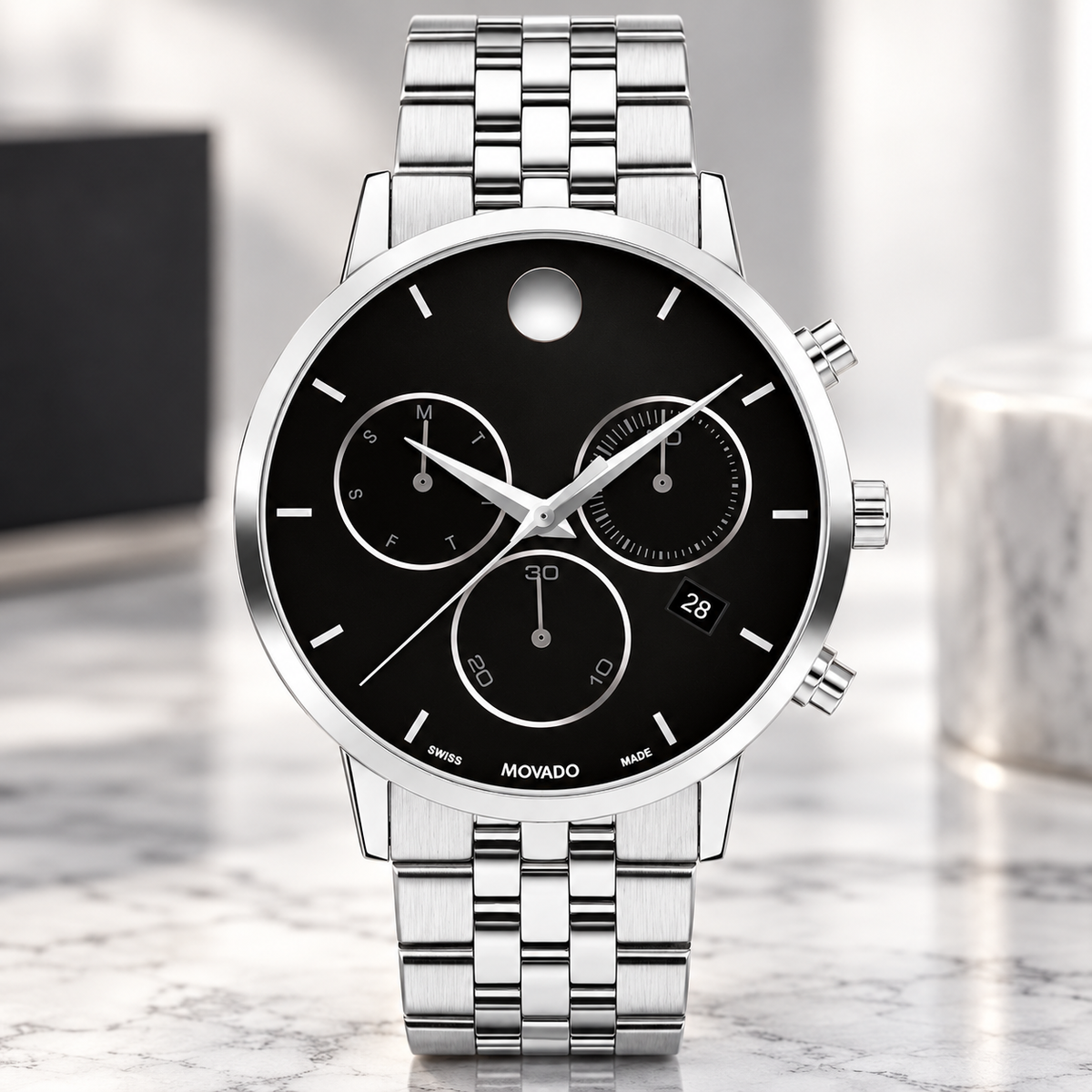 Movado Museum Classic Chronograph 42mm Black Dial Men's Watch 0607776 — dial detail