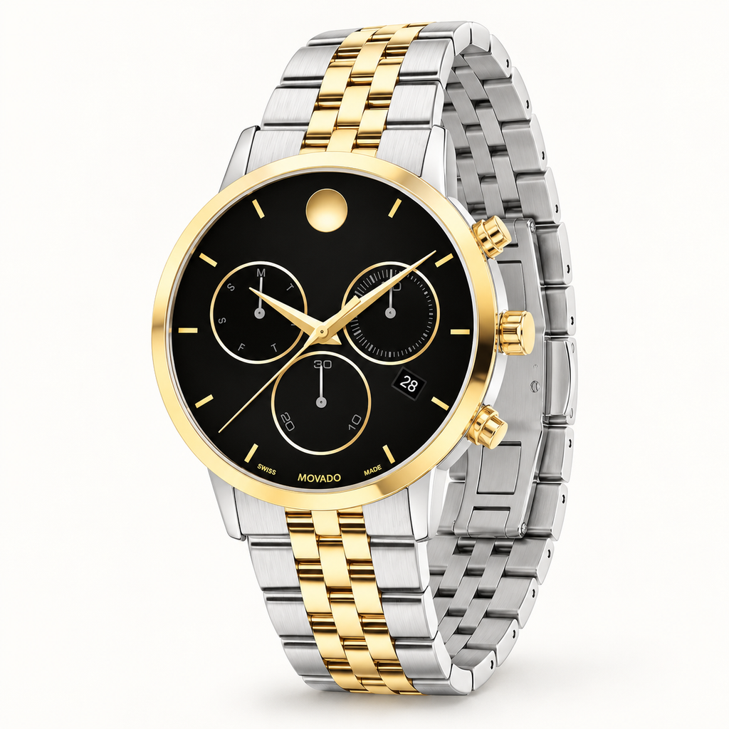 Movado Museum Classic Chronograph 42mm Black Dial Men's Watch 0607777 — three quarter