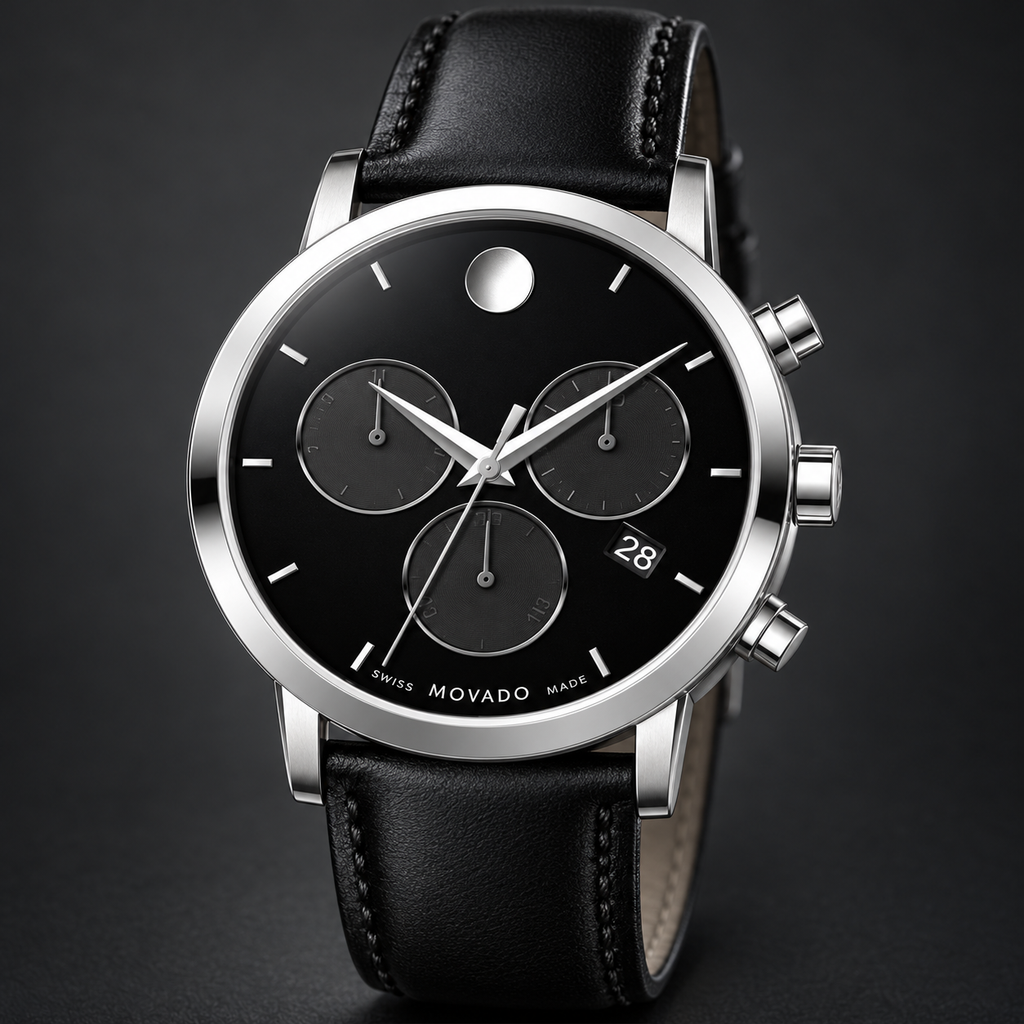 Movado Museum Classic Chronograph 42mm Black Dial Men's Watch 0607778 — three quarter
