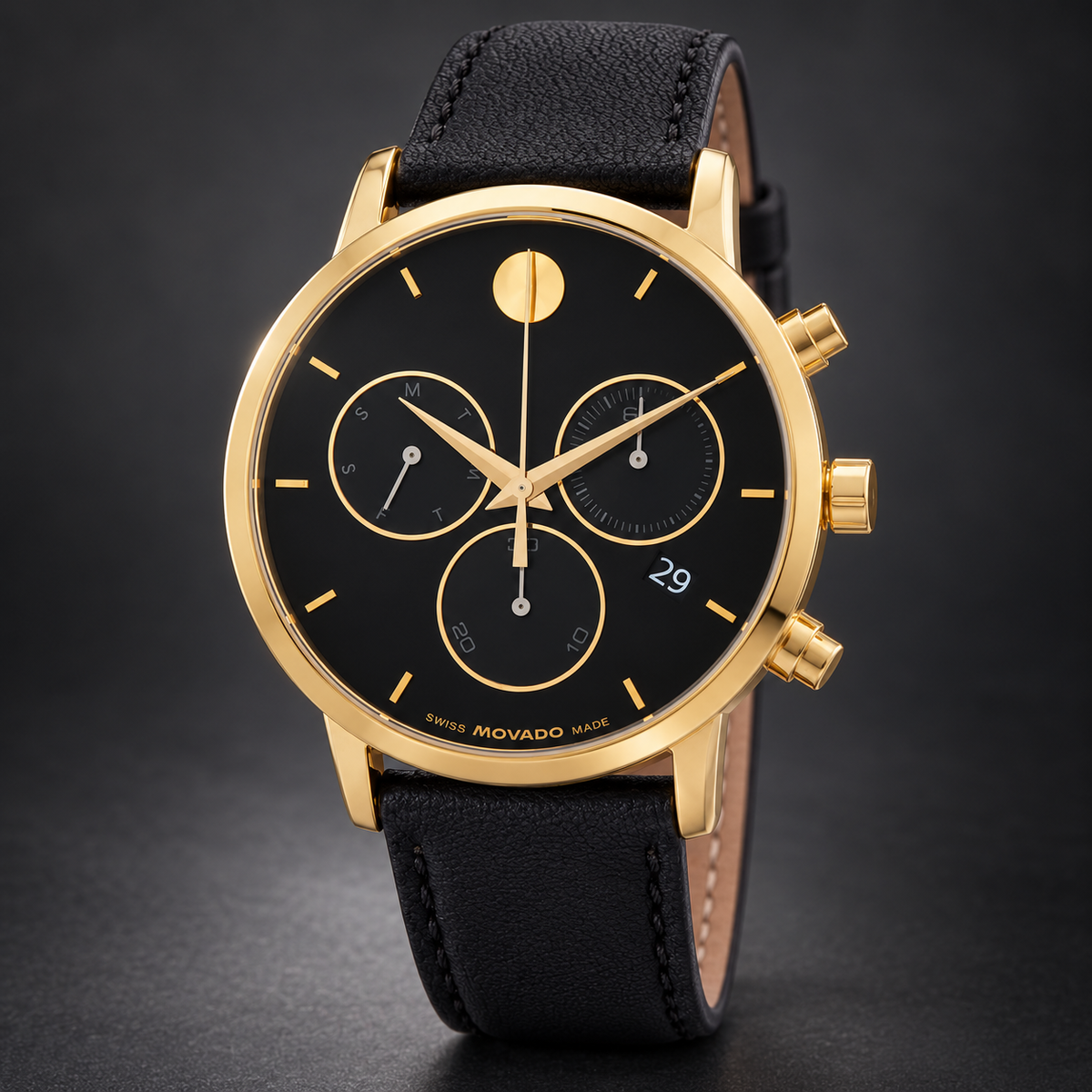 Movado Museum Classic Chronograph 42mm Black Dial Men's Watch 0607779 — three quarter