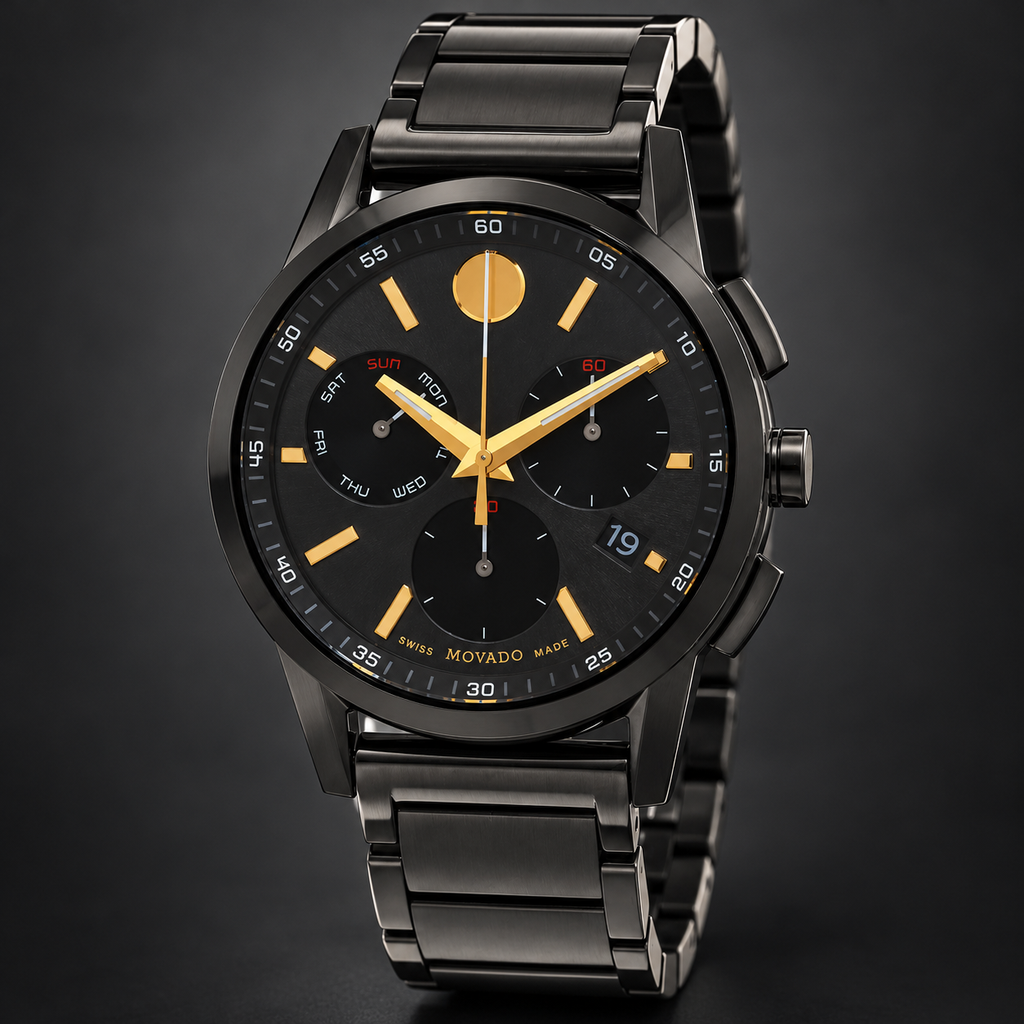 Movado Museum Sport Chronograph 43mm Black Dial Men's Watch 0607802 — three quarter