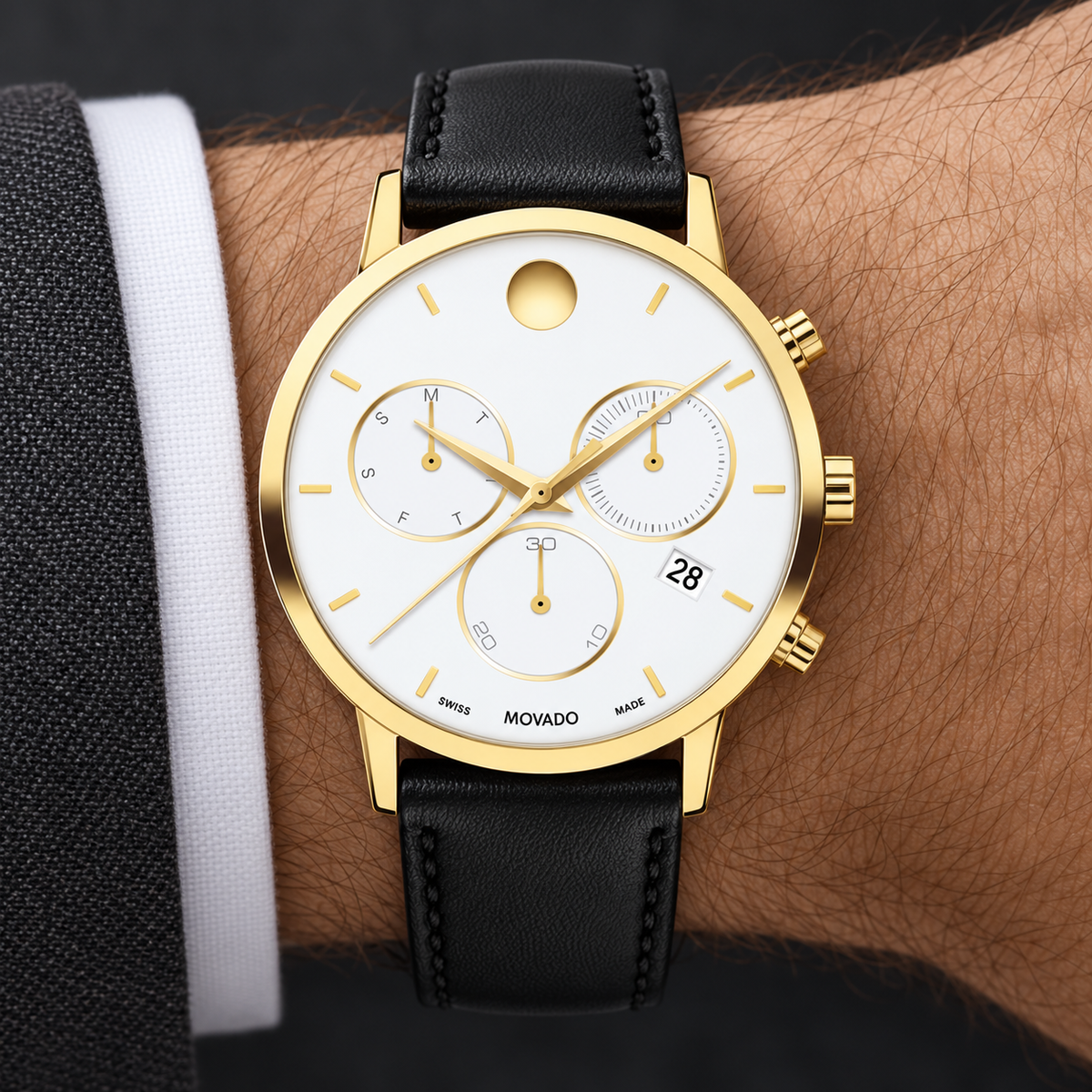 Movado Museum Classic Chronograph 42mm White Dial Men's Watch 0607888 — wrist