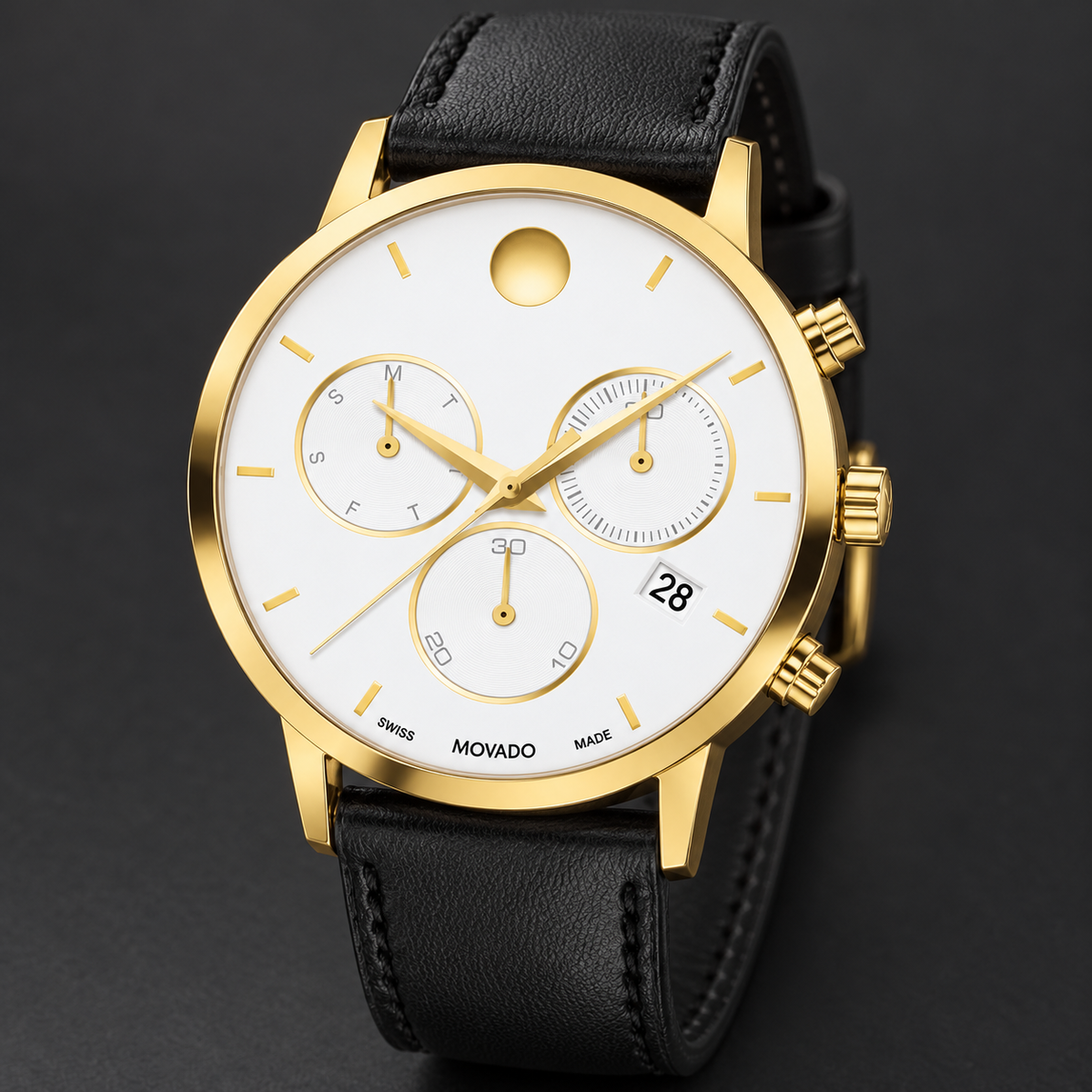 Movado Museum Classic Chronograph 42mm White Dial Men's Watch 0607888 — three quarter