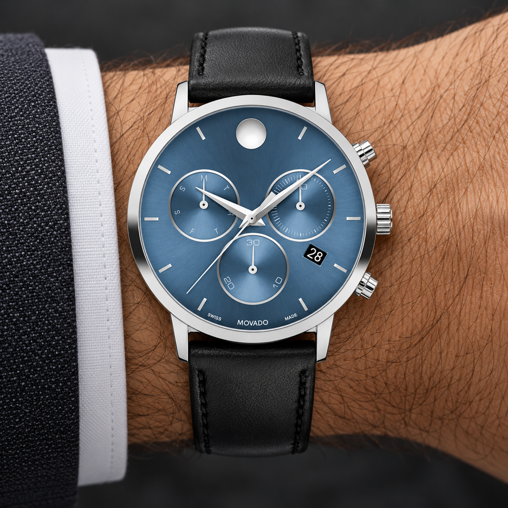 Movado Museum Classic Chronograph 42mm Blue Dial Men's Watch 0607889 — wrist