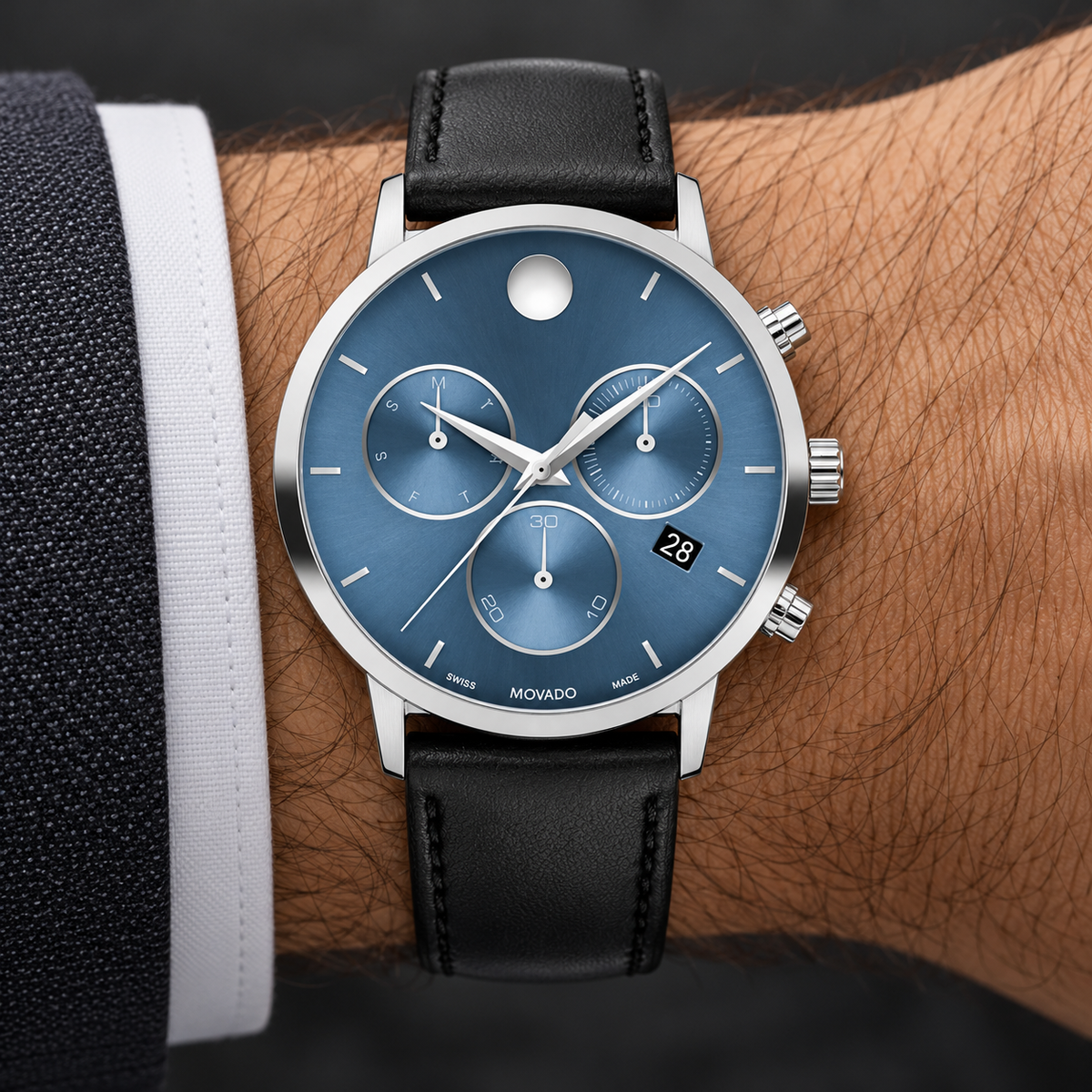 Movado Museum Classic Chronograph 42mm Blue Dial Men's Watch 0607889 — wrist