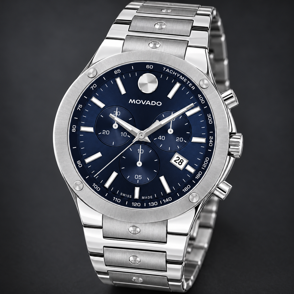 Movado SE Chronograph 42mm Blue Dial Men's Watch 0607931 — three quarter