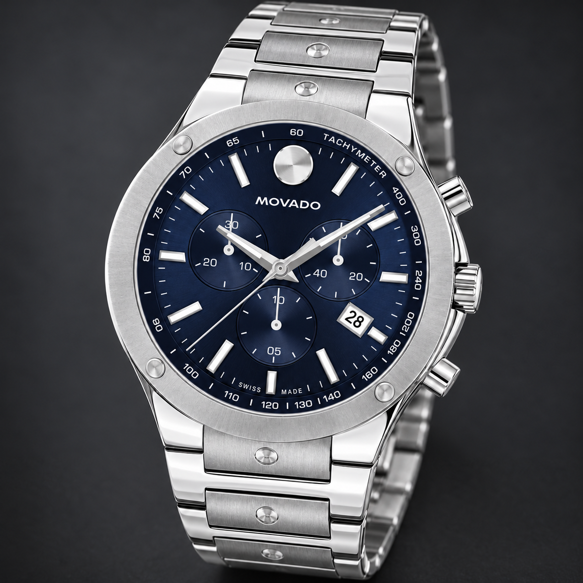 Movado SE Chronograph 42mm Blue Dial Men's Watch 0607931 — three quarter