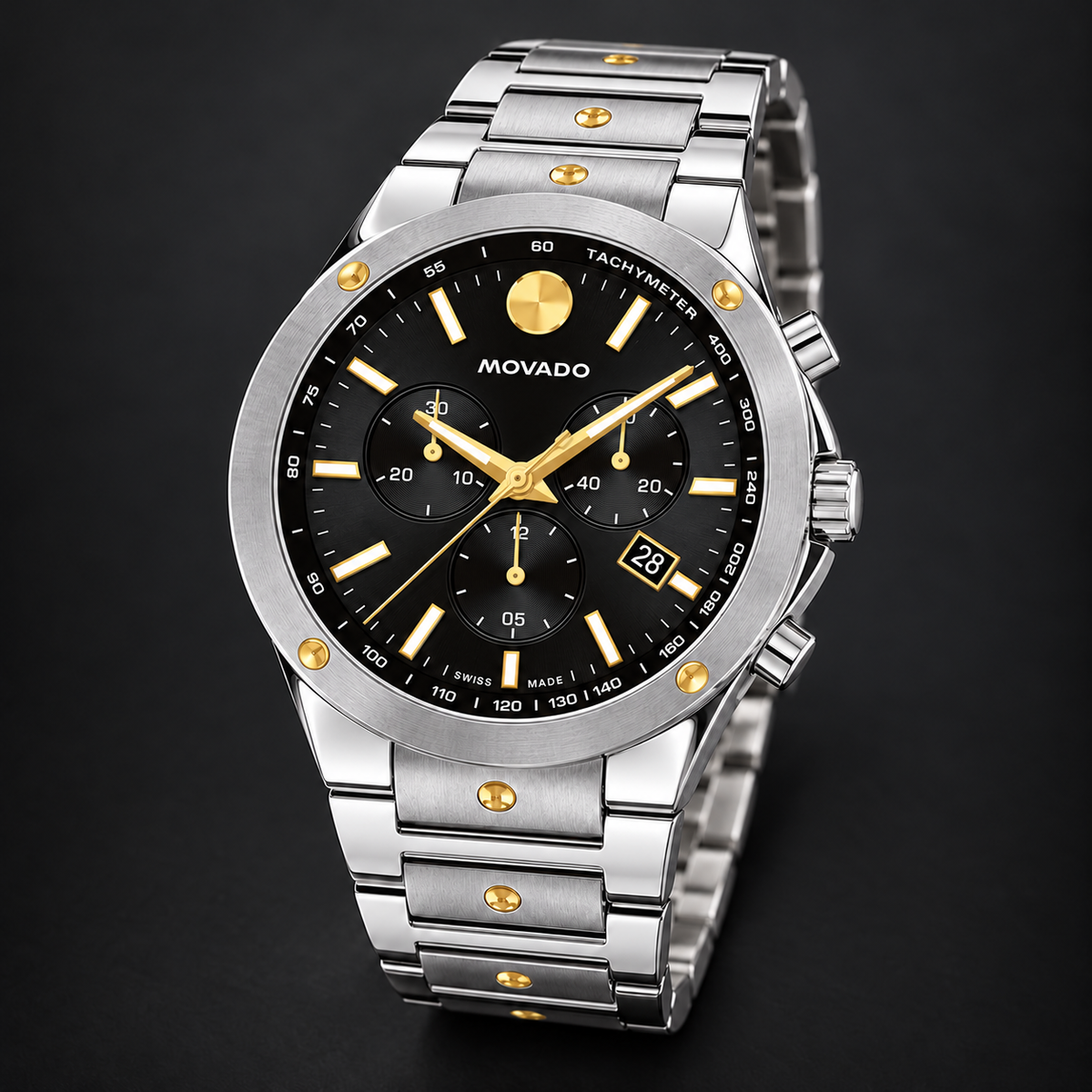 Movado SE Chronograph 41mm Black Dial Men's Watch 0607972 — three quarter