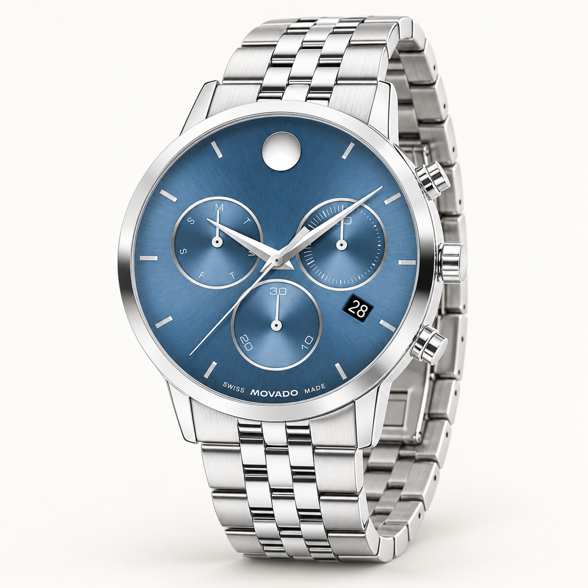 Movado Museum Classic Chronograph 42mm Blue Dial Men's Watch 0607998 — three quarter