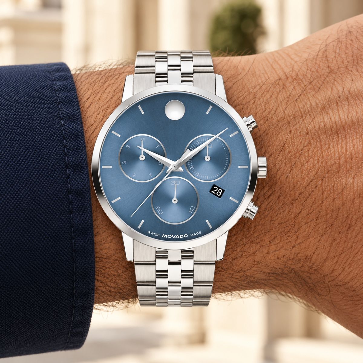 Movado Museum Classic Chronograph 42mm Blue Dial Men's Watch 0607998 — wrist alternate