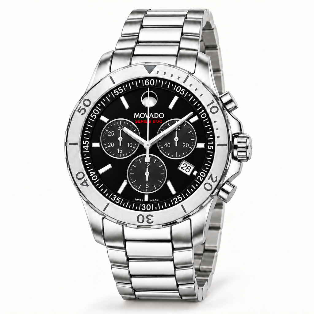 Movado Series 800 Chronograph 42mm Black Dial Men's Watch 2600110 — three quarter