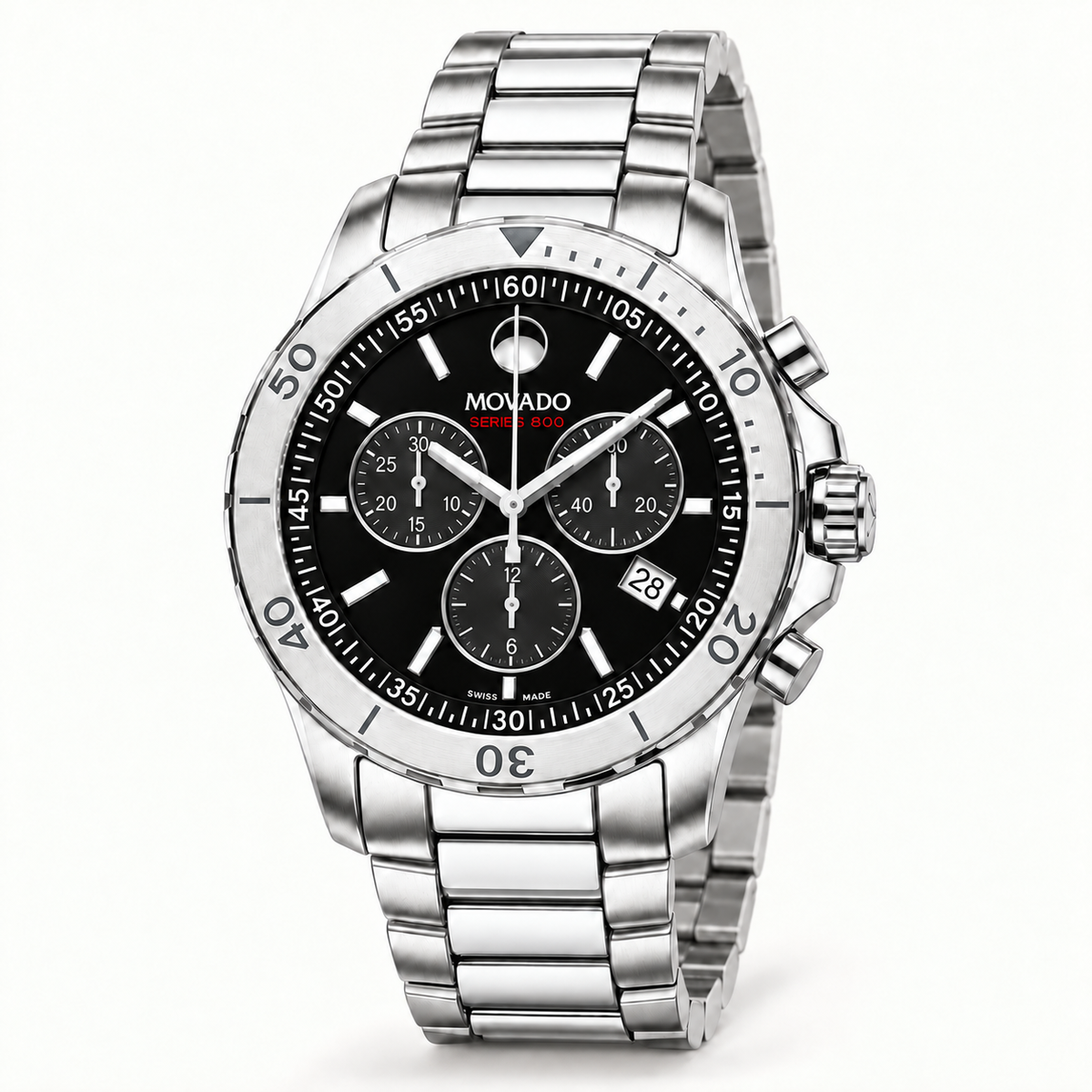 Movado Series 800 Chronograph 42mm Black Dial Men's Watch 2600110 — three quarter