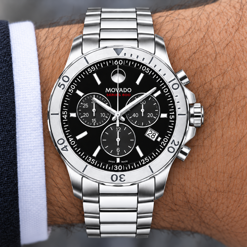 Movado Series 800 Chronograph 42mm Black Dial Men's Watch 2600110 — dial detail