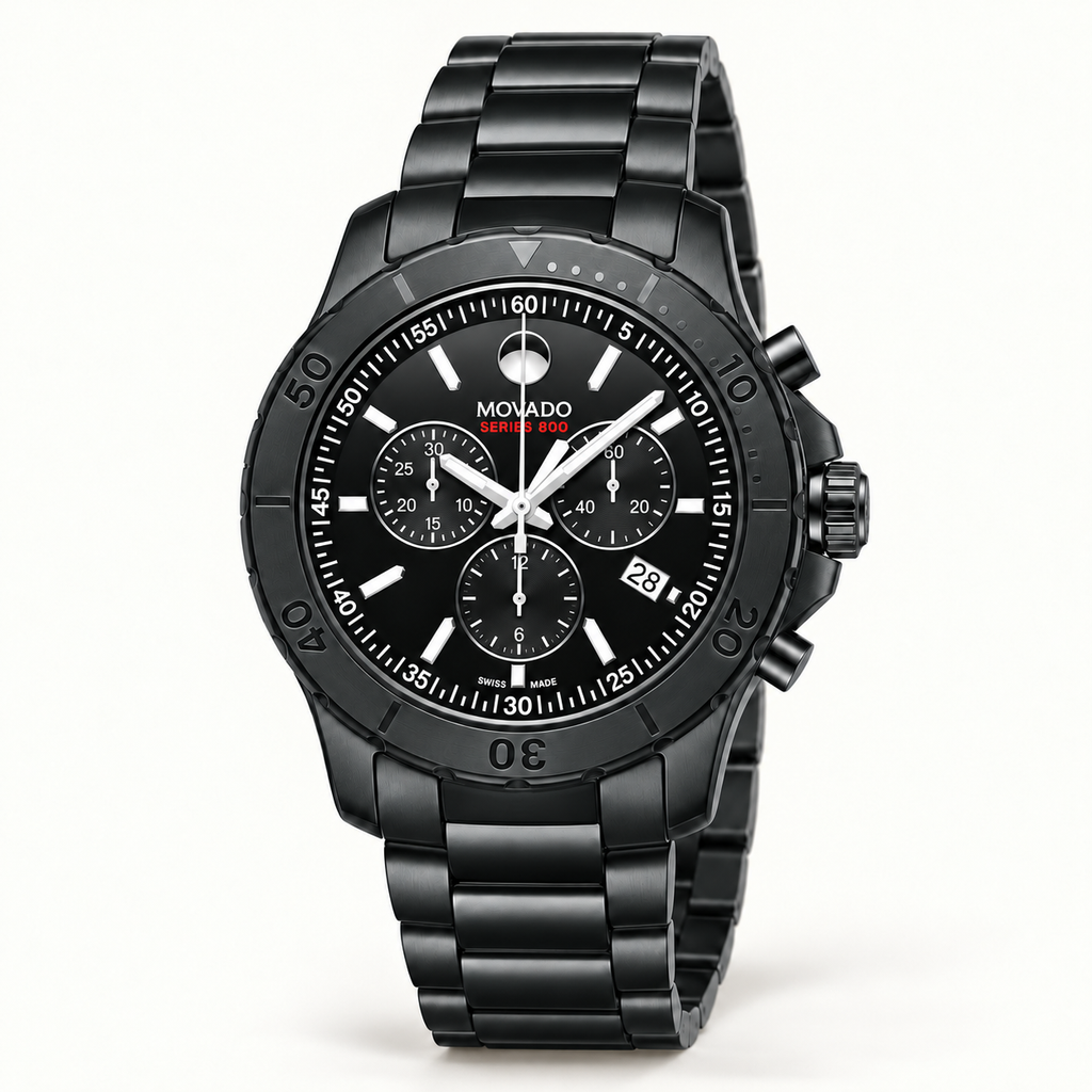 Movado Series 800 Chronograph 42mm Black Dial Men's Watch 2600119 — three quarter
