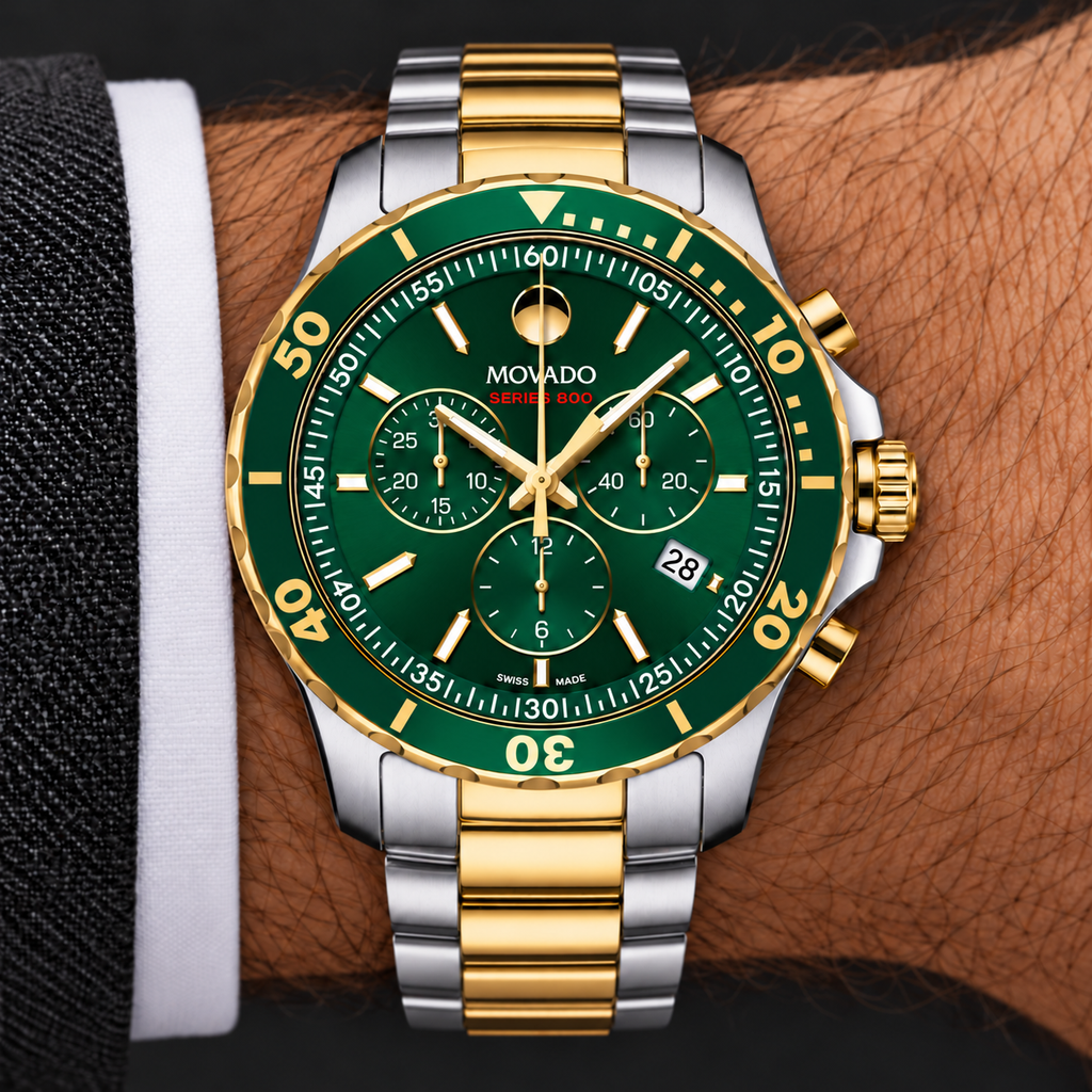 Movado Series 800 Chronograph 42mm Green Dial Men's Watch 2600148 — wrist