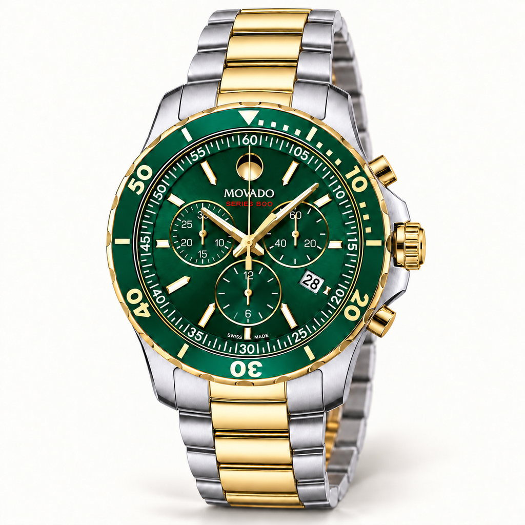 Movado Series 800 Chronograph 42mm Green Dial Men's Watch 2600148 — three quarter