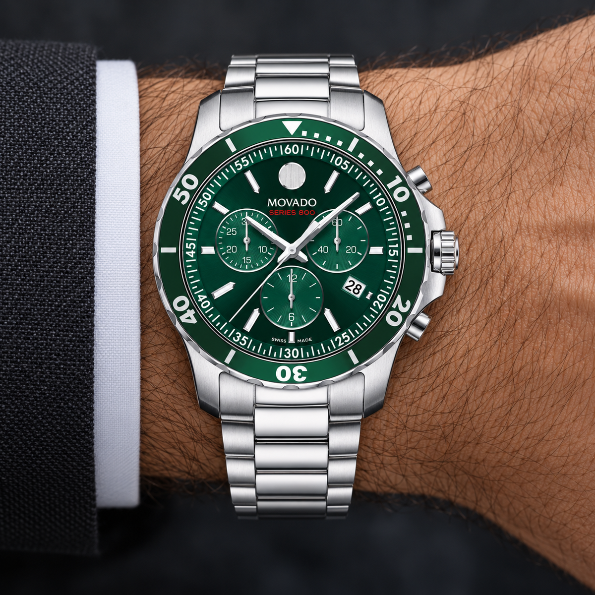 Movado Series 800 Chronograph 42mm Green Dial Men's Watch 2600179 — wrist