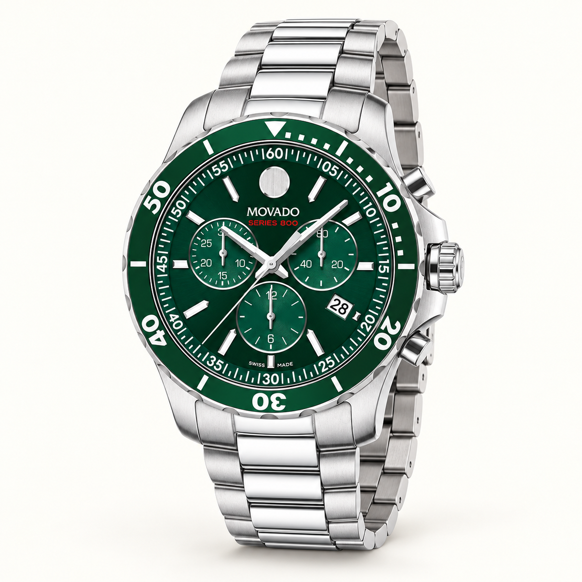 Movado Series 800 Chronograph 42mm Green Dial Men's Watch 2600179 — three quarter