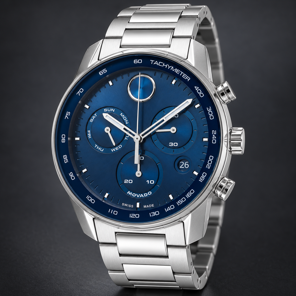 Movado BOLD Verso Chronograph 44mm Blue Dial Men's Watch 3600865 — three quarter