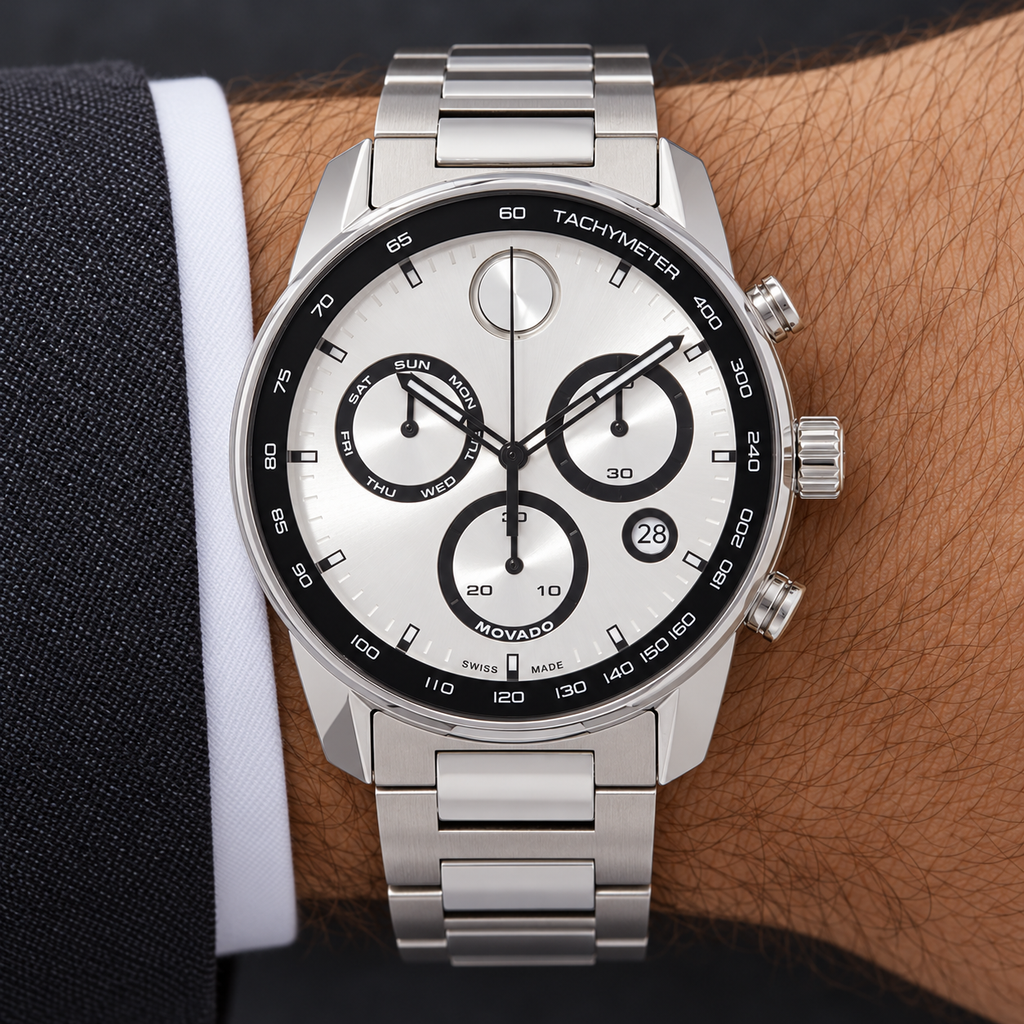 Movado BOLD Verso Chronograph 44mm Silver Dial Men's Watch 3600905 — wrist
