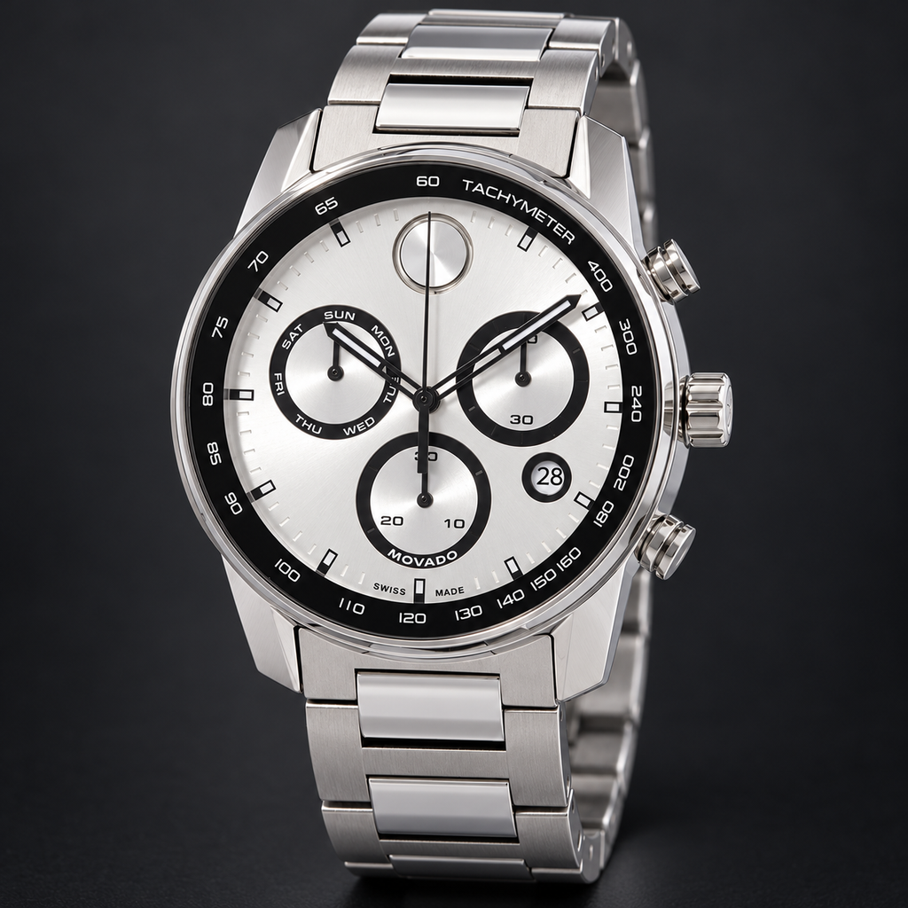 Movado BOLD Verso Chronograph 44mm Silver Dial Men's Watch 3600905 — three quarter