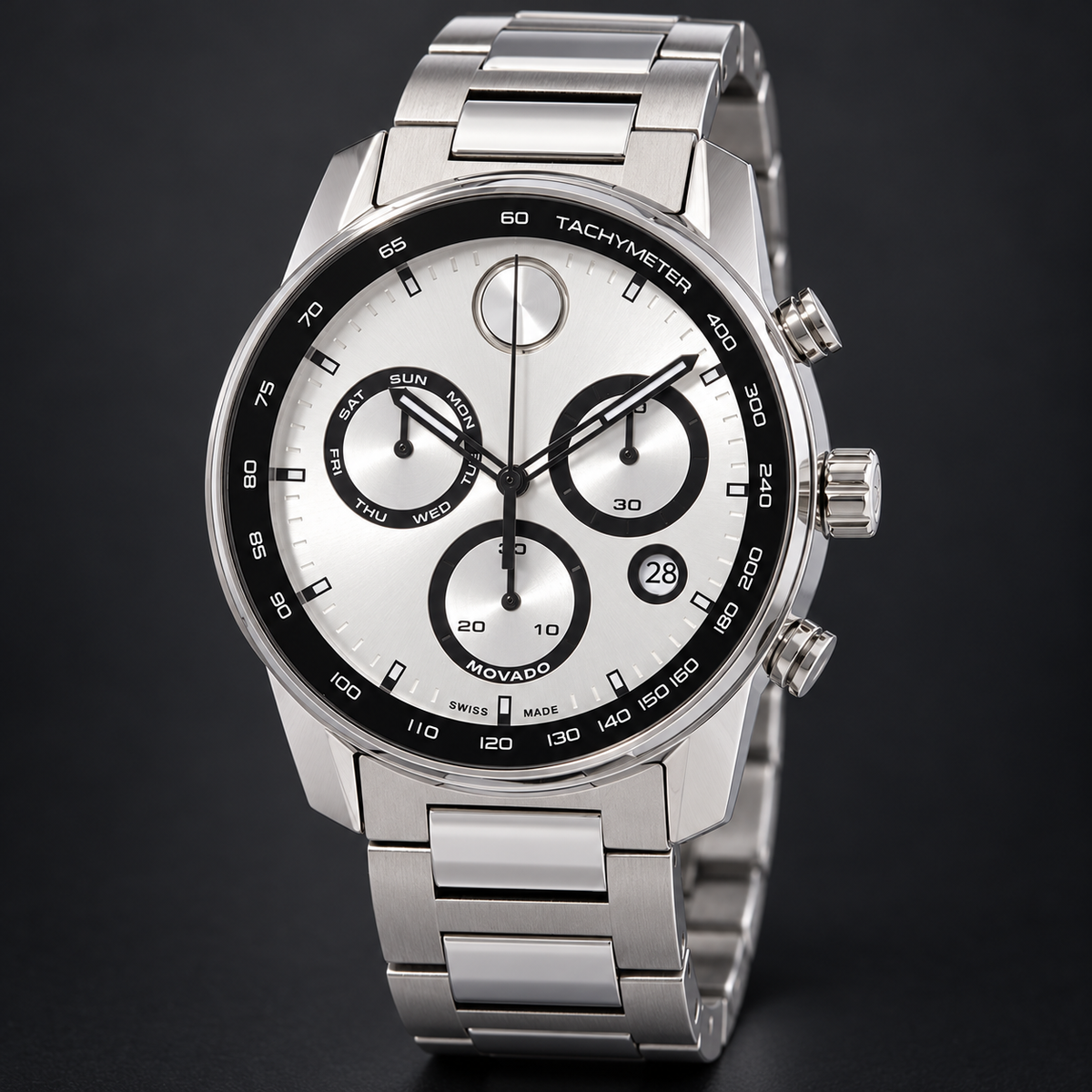 Movado BOLD Verso Chronograph 44mm Silver Dial Men's Watch 3600905 — three quarter