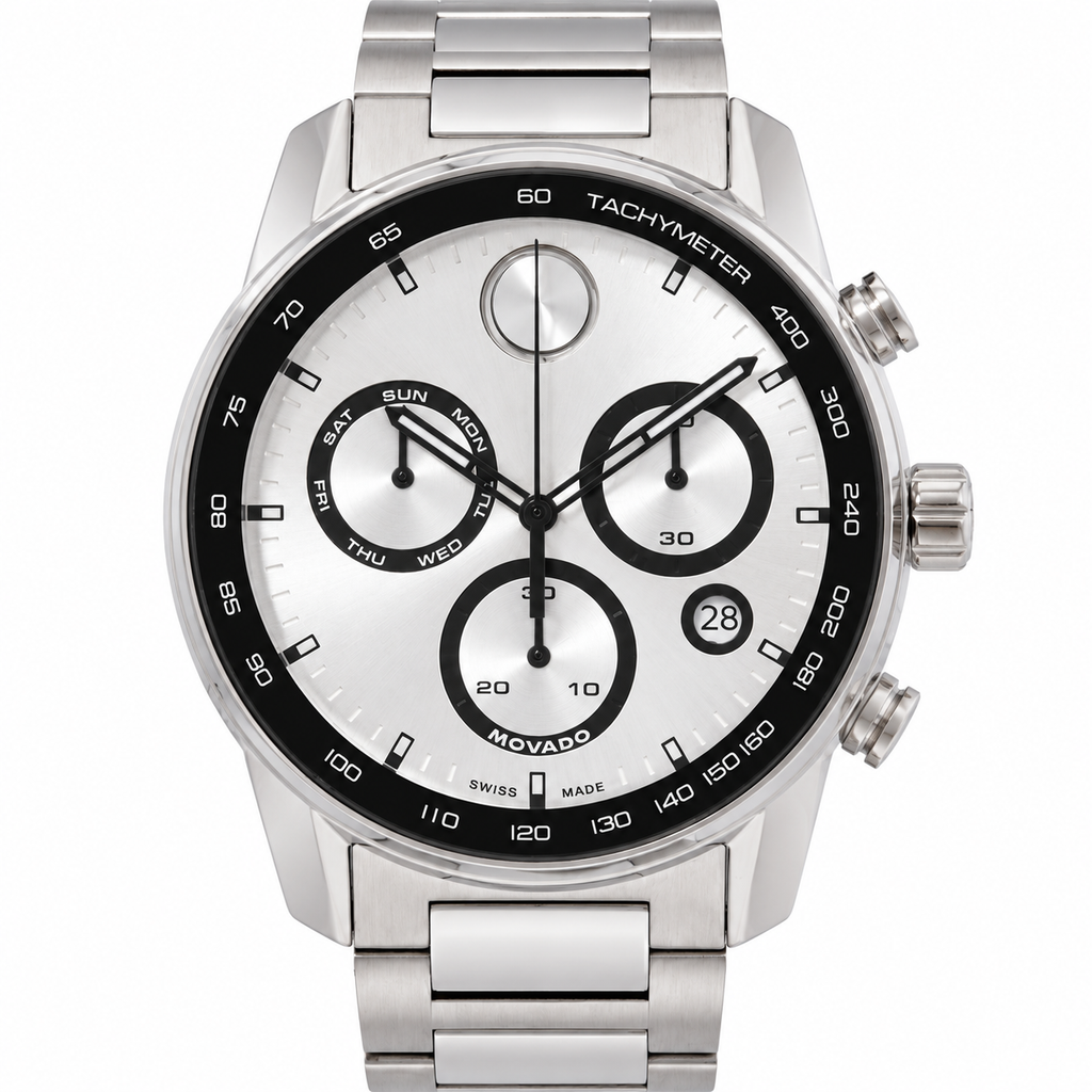 Movado BOLD Verso Chronograph 44mm Silver Dial Men's Watch 3600905 — dial detail