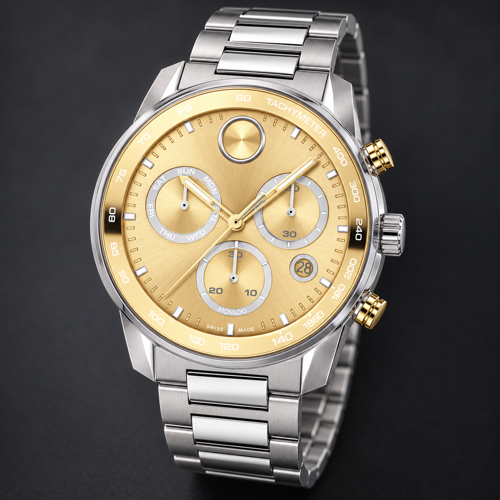 Movado BOLD Verso Chronograph 44mm Gold Dial Men's Watch 3600907 — three quarter