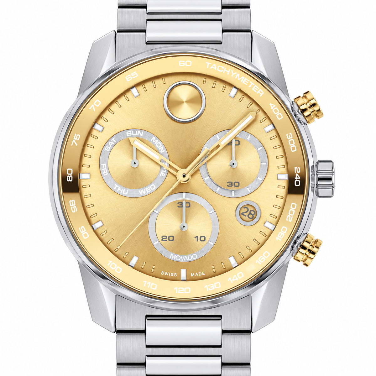 Movado BOLD Verso Chronograph 44mm Gold Dial Men's Watch 3600907 — dial detail