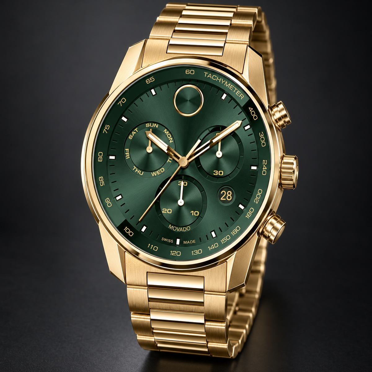 Movado BOLD Verso Chronograph 44mm Green Dial Men's Watch 3600948 — three quarter