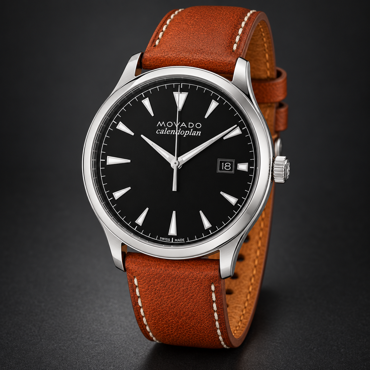 Movado Heritage Calendoplan 40mm Black Dial Men's Watch 3650001 — three quarter