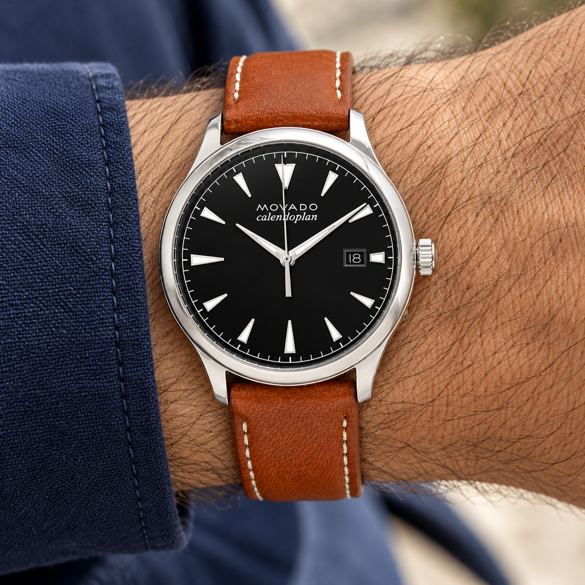 Movado Heritage Calendoplan 40mm Black Dial Men's Watch 3650001 — wrist alternate
