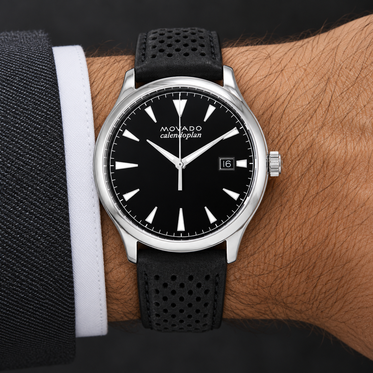 Movado Heritage Calendoplan 40mm Black Dial Men's Watch 3650004 — wrist
