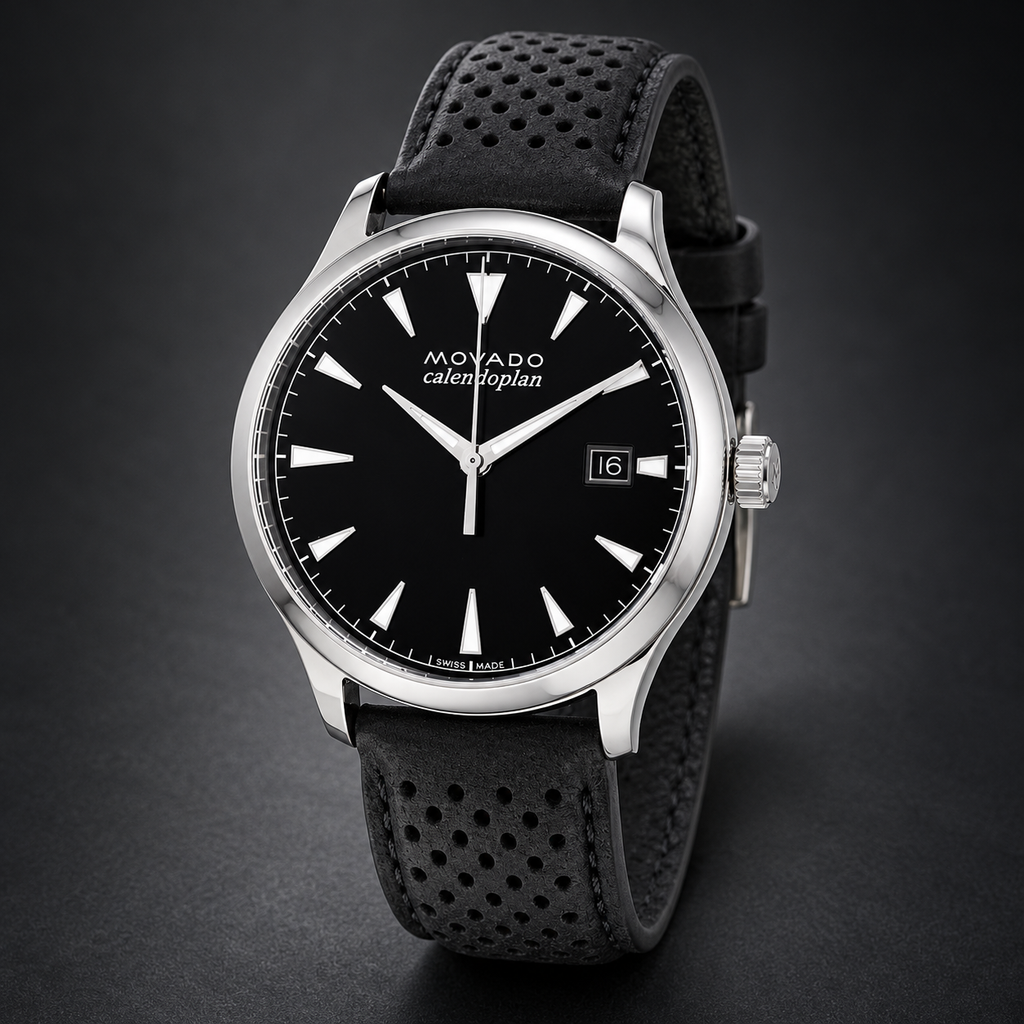 Movado Heritage Calendoplan 40mm Black Dial Men's Watch 3650004 — three quarter