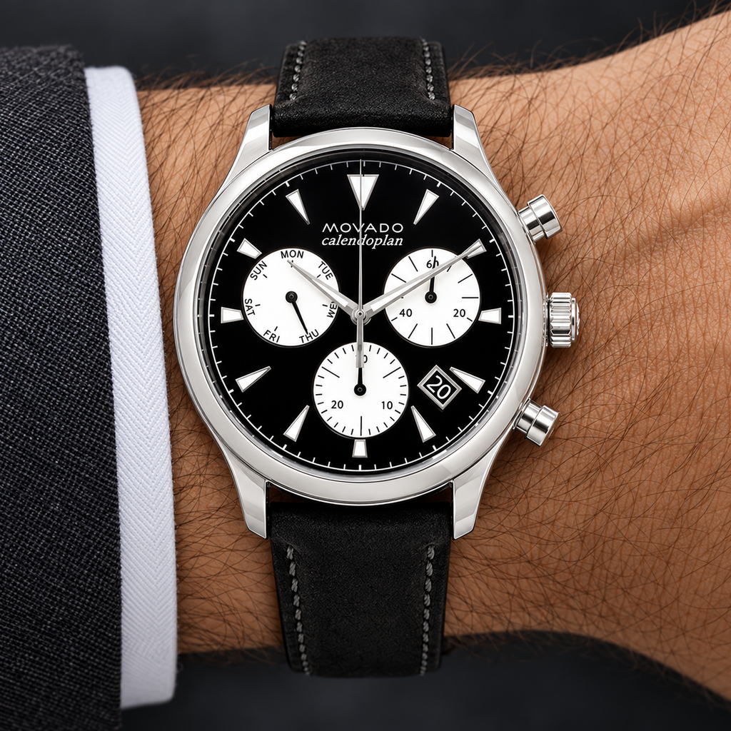 Movado Heritage Calendoplan Chronograph 43mm Black Dial Men's Watch 3650005 — wrist