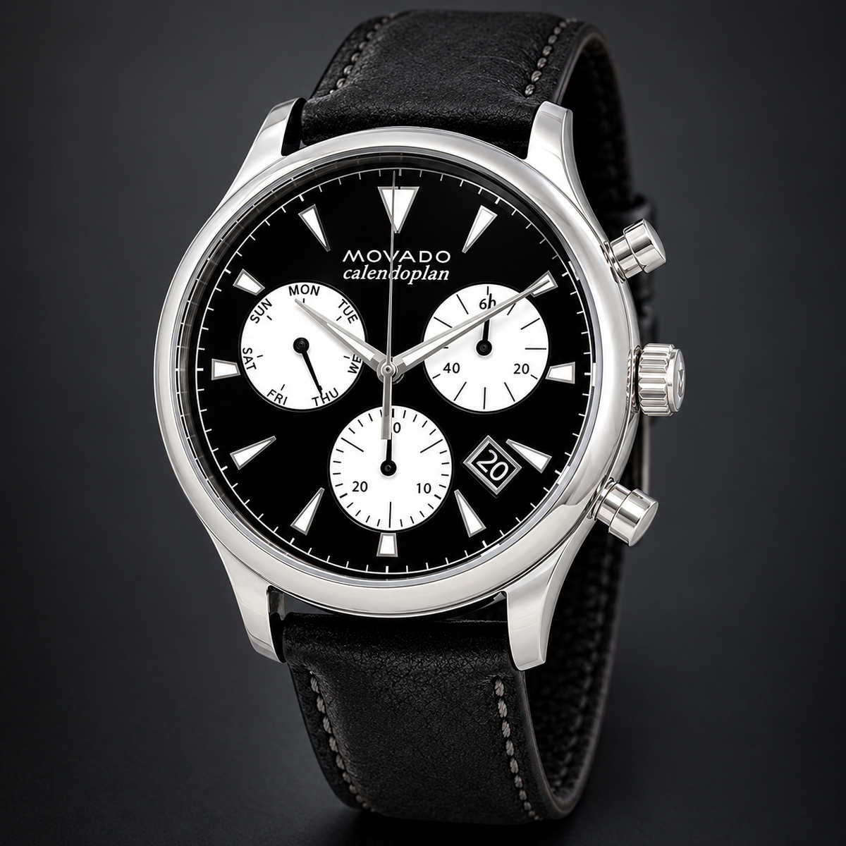 Movado Heritage Calendoplan Chronograph 43mm Black Dial Men's Watch 3650005 — three quarter