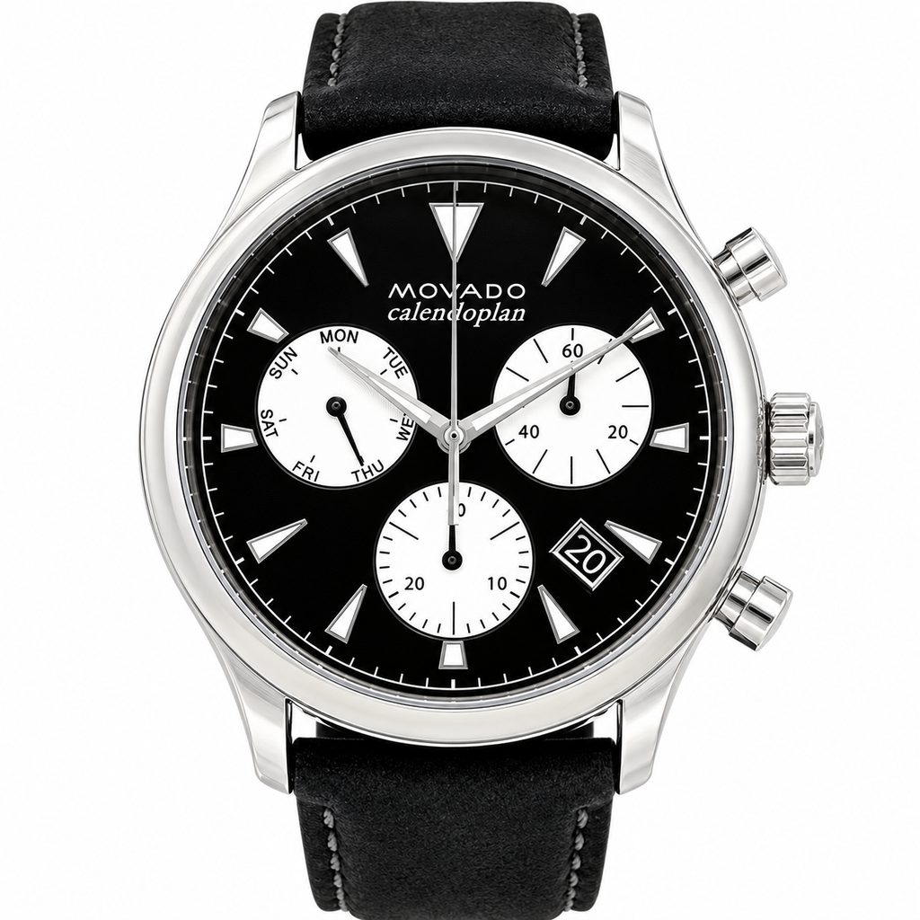 Movado Heritage Calendoplan Chronograph 43mm Black Dial Men's Watch 3650005 — dial detail