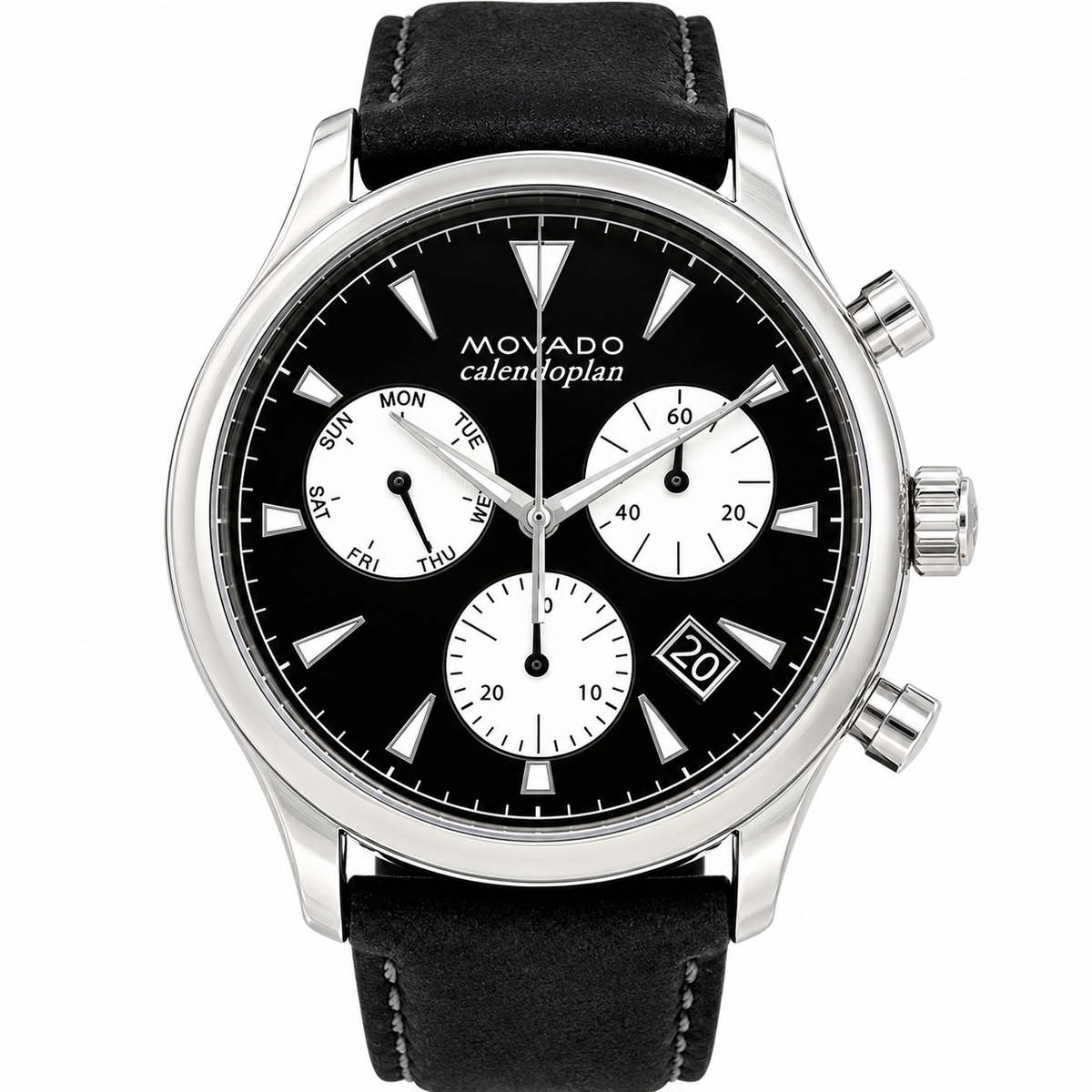 Movado Heritage Calendoplan Chronograph 43mm Black Dial Men's Watch 3650005 — dial detail
