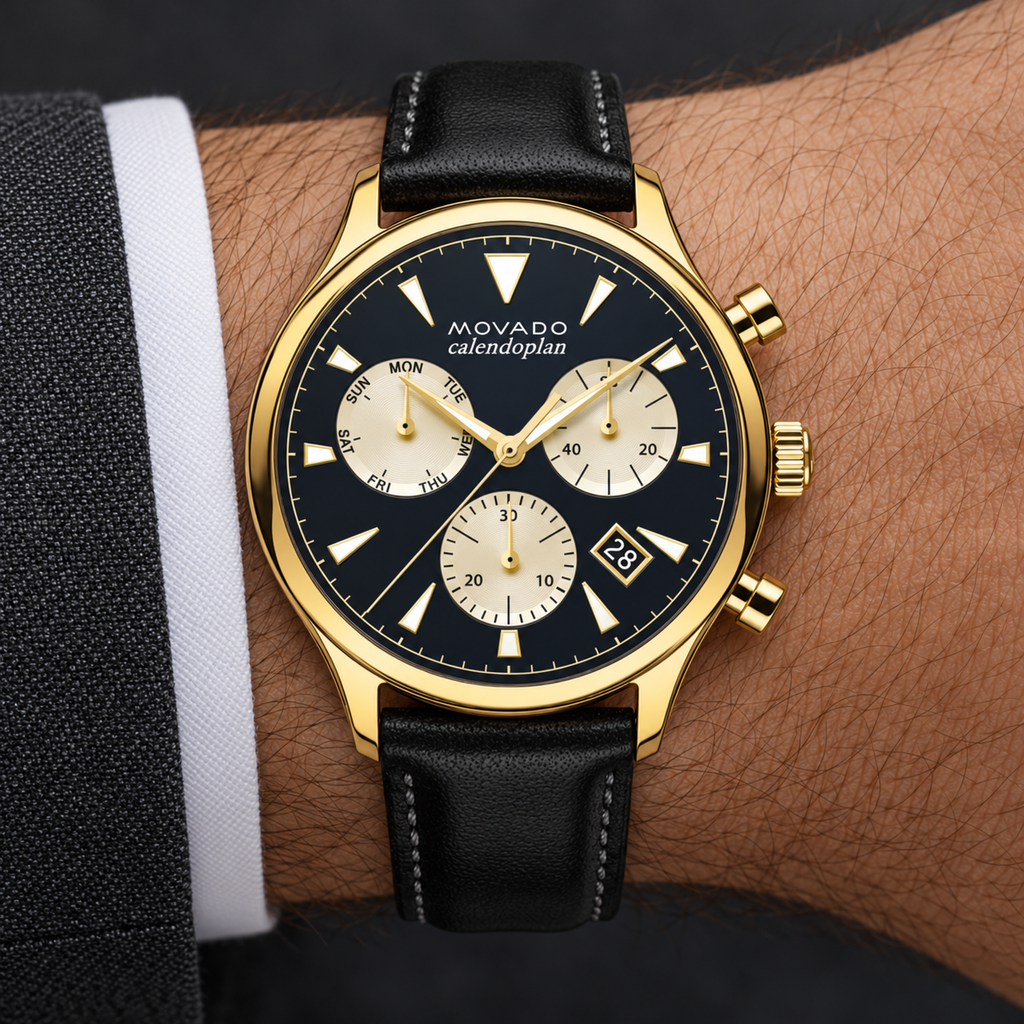 Movado Heritage Calendoplan Chronograph 43mm Blue Dial Men's Watch 3650006 — wrist