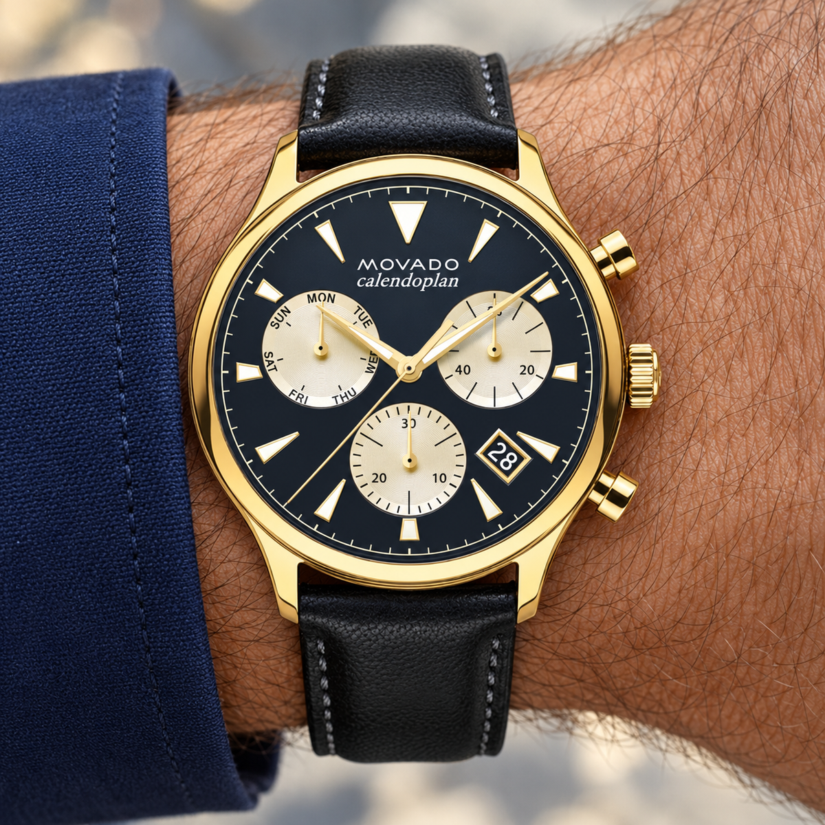 Movado Heritage Calendoplan Chronograph 43mm Blue Dial Men's Watch 3650006 — wrist alternate
