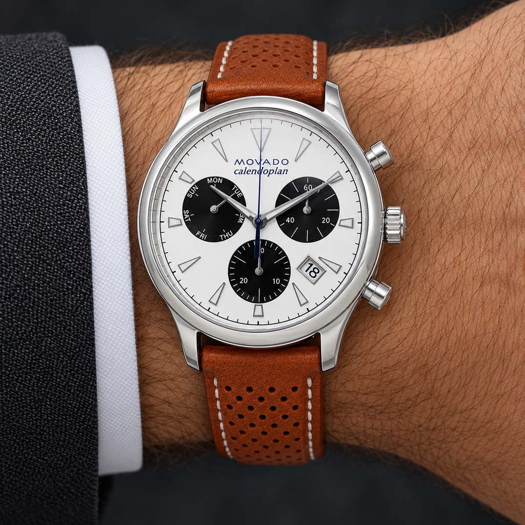 Movado Heritage Calendoplan Chronograph 43mm White Dial Men's Watch 3650008 — wrist