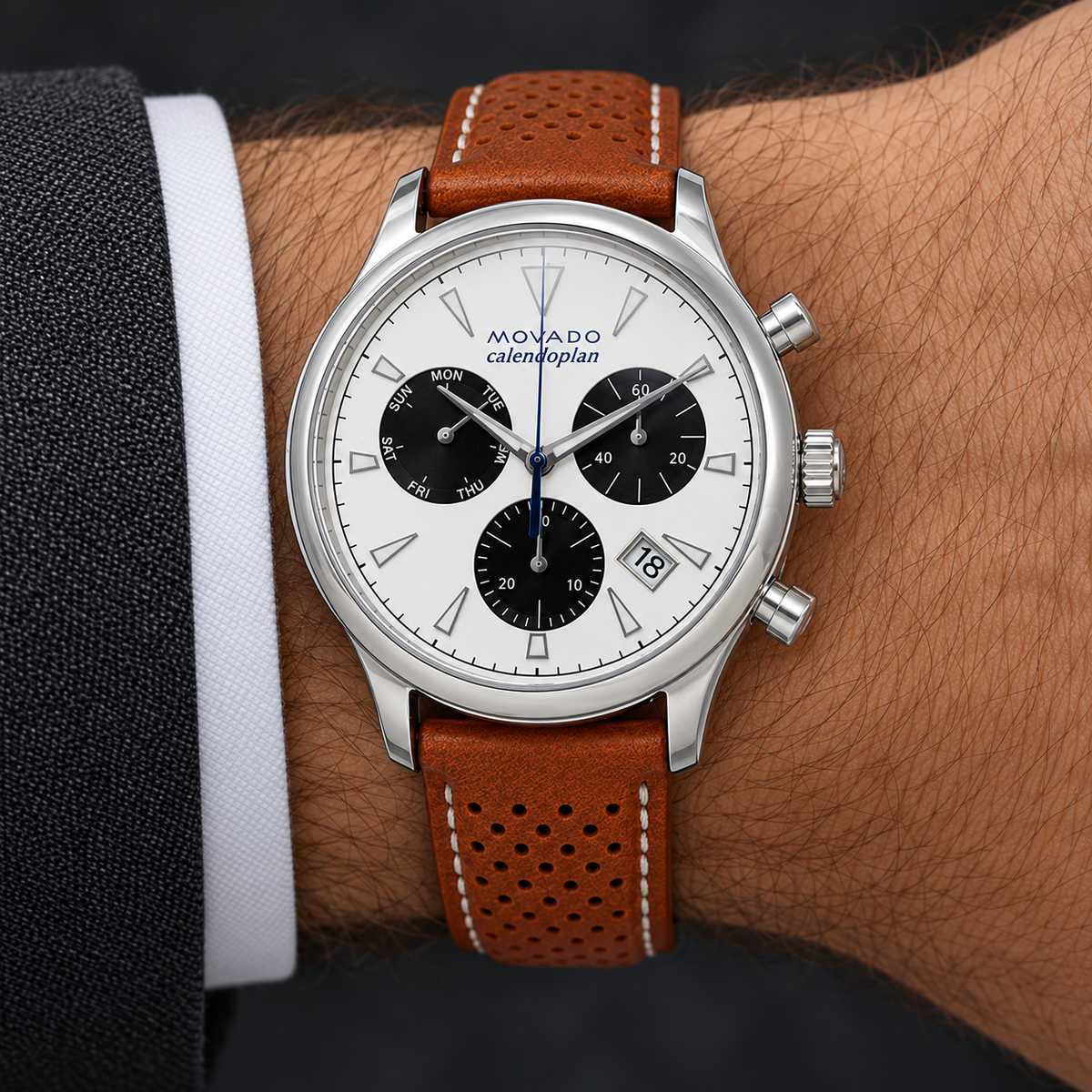 Movado Heritage Calendoplan Chronograph 43mm White Dial Men's Watch 3650008 — wrist