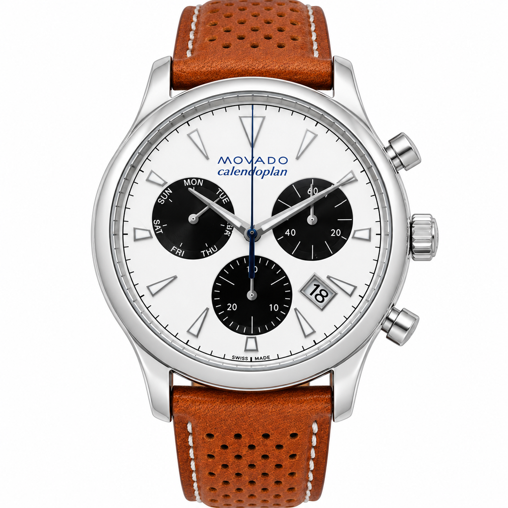 Movado Heritage Calendoplan Chronograph 43mm White Dial Men's Watch 3650008 — dial detail