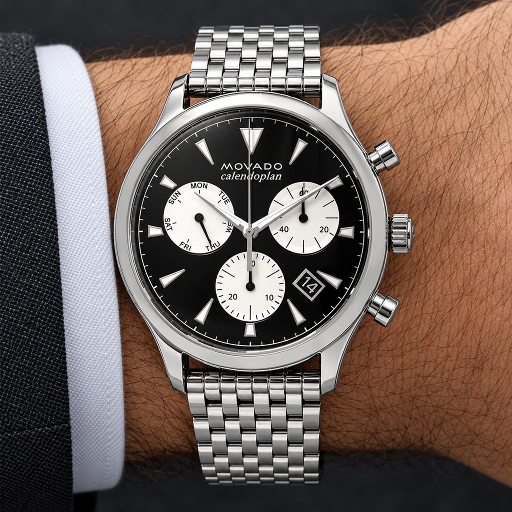 Movado Heritage Calendoplan Chronograph 43mm Black Dial Men's Watch 3650014 — wrist