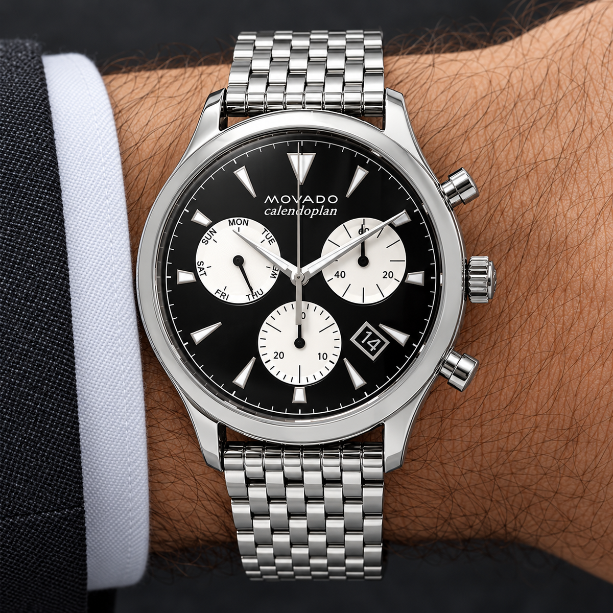 Movado Heritage Calendoplan Chronograph 43mm Black Dial Men's Watch 3650014 — wrist