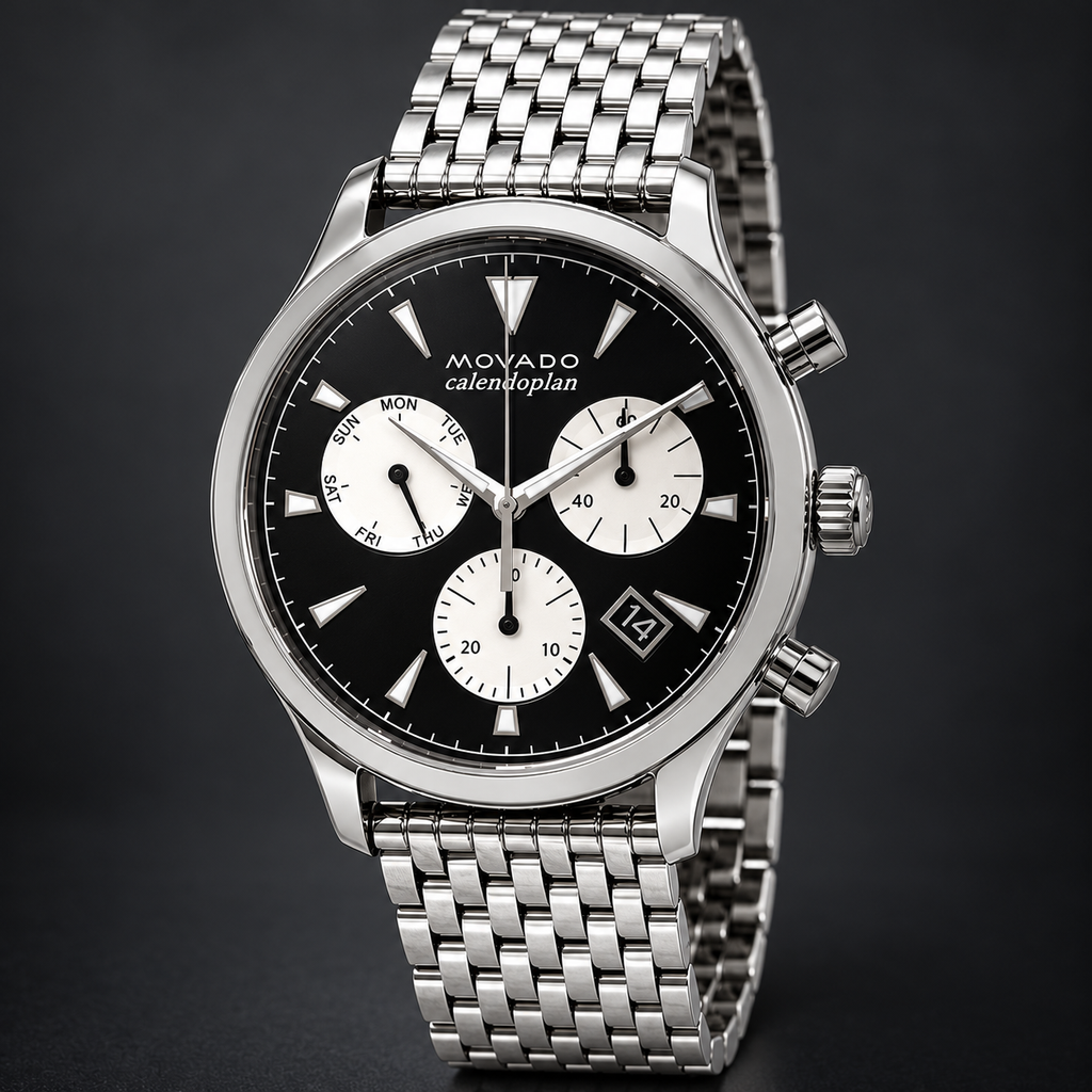 Movado Heritage Calendoplan Chronograph 43mm Black Dial Men's Watch 3650014 — three quarter